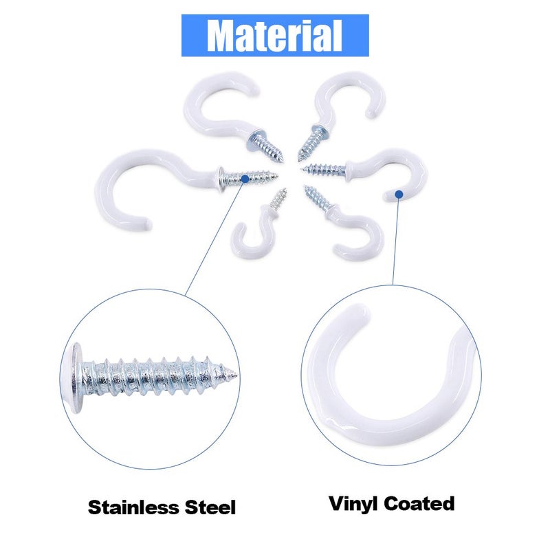 Glarks 100-Pieces 6 Sizes White Vinyl Coated Cup Hooks Screw-in Ceiling Hooks Screw Hooks Mug Hooks Hangers Assortment Kit for Home and Office Use - Image 4